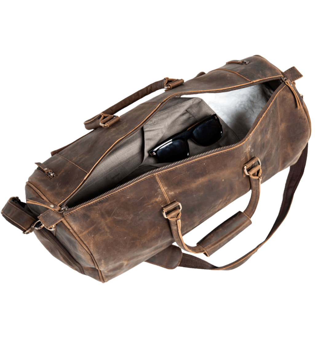 Luxury leather duffle bag with handle and shoulder strap