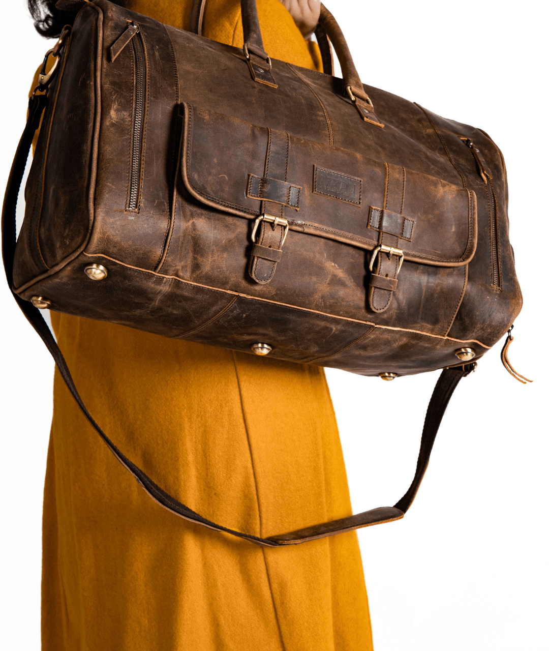 Elegant tan leather duffle bag for travel