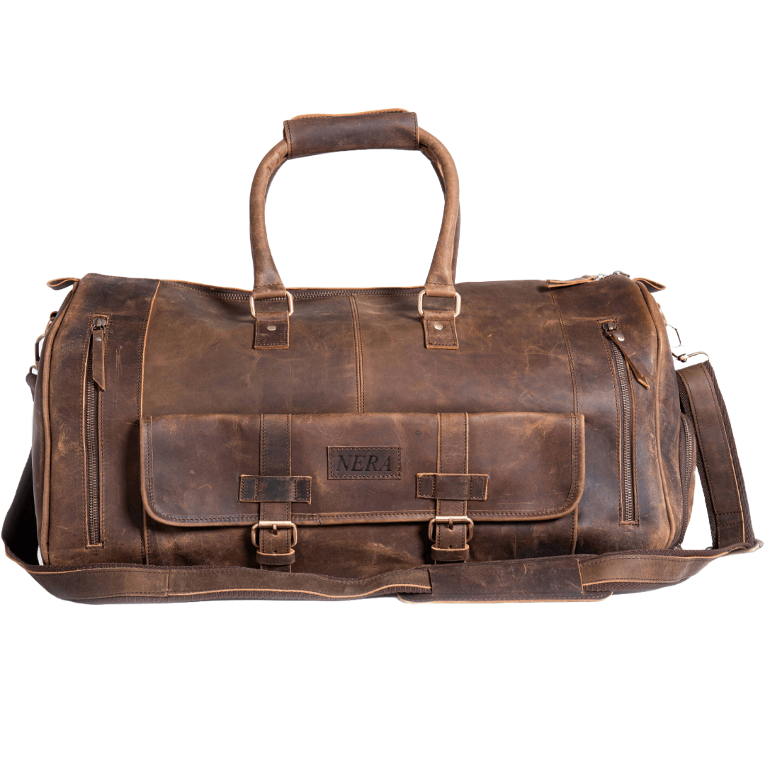High-quality leather duffle bag with side pockets with multiple pockets, big compartment spaces for travel