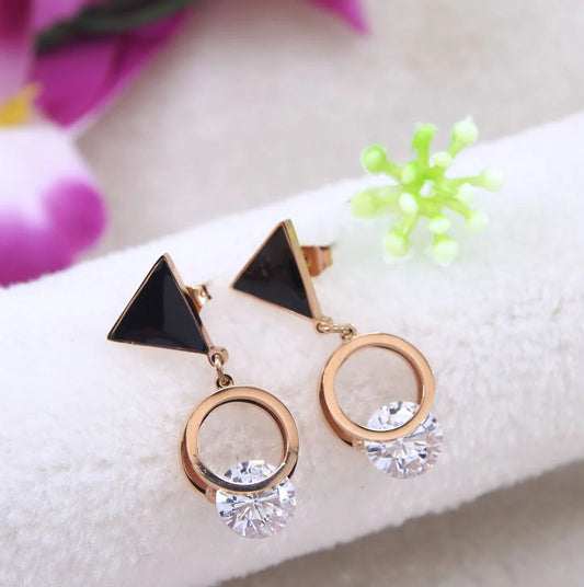 Stainless Steel Rose Gold Plated Round Cubic Zicron Drop Earring