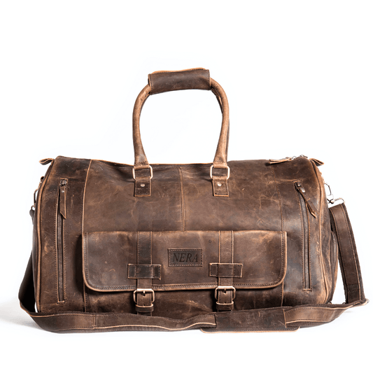 High-quality leather duffle bag with multiple compartments for organized travel