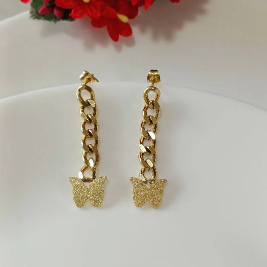 Stainless Steel Gold Plated Chain Butterfly Earring