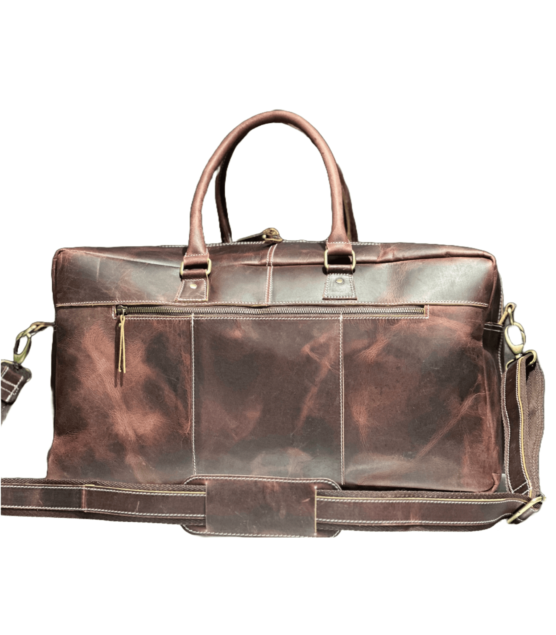 Classic brown leather duffle bag with brass hardware